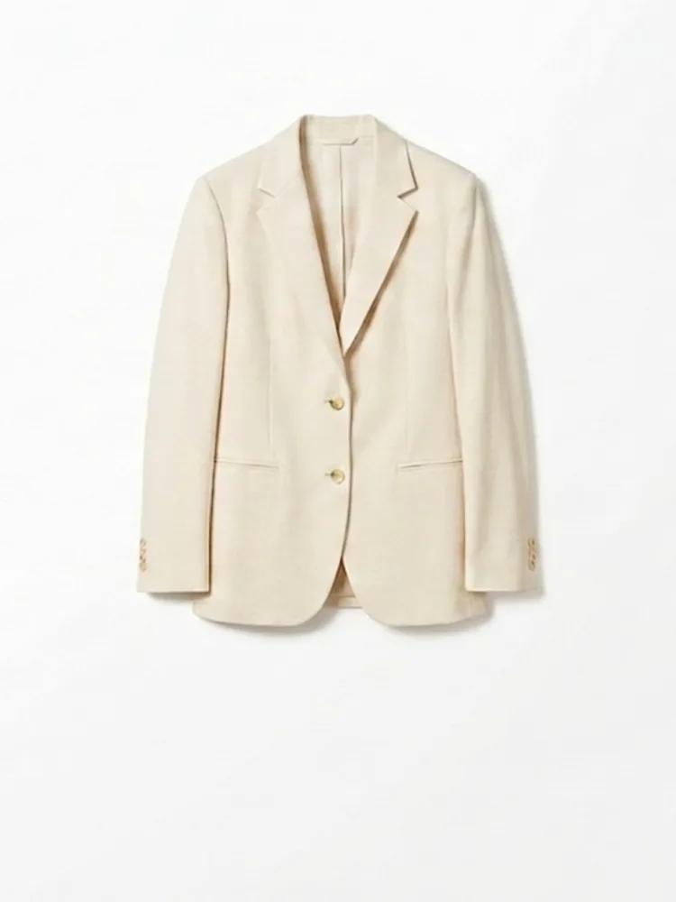 Cremefarbener Écru-Blazer mit Reverskragen und zwei Knöpfen