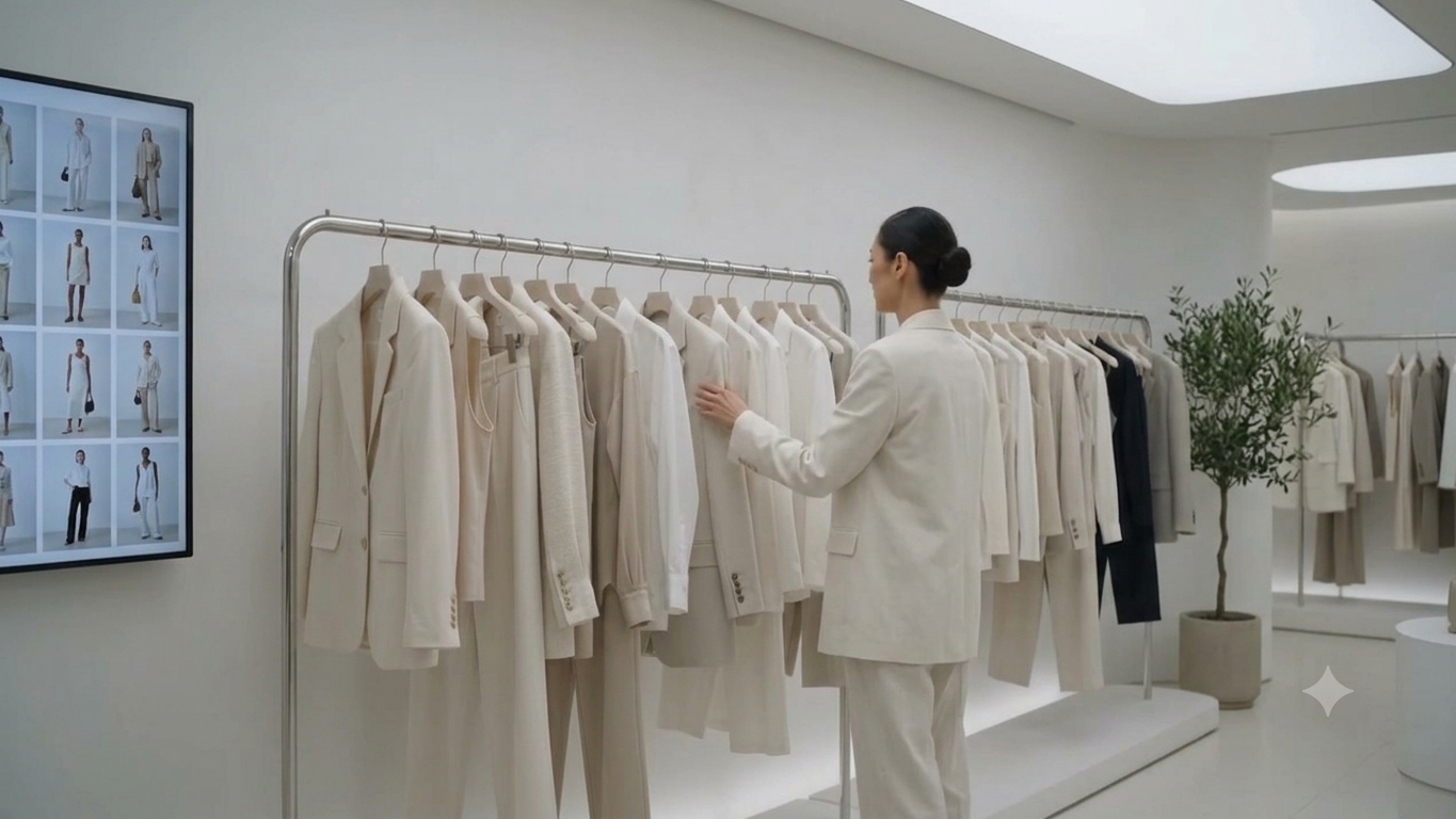 Heller, minimalistischer Boutique-Innenraum mit Kleiderstange in Beige- und Cremetönen